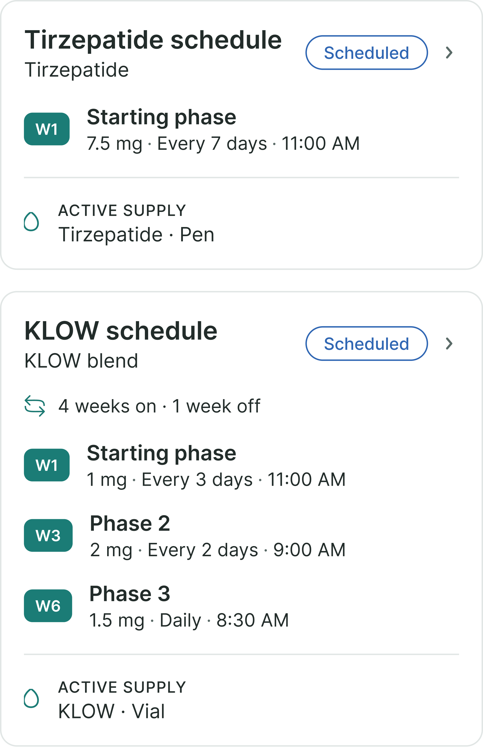 Schedule cards showing a simple weekly plan and a three-phase repeating protocol